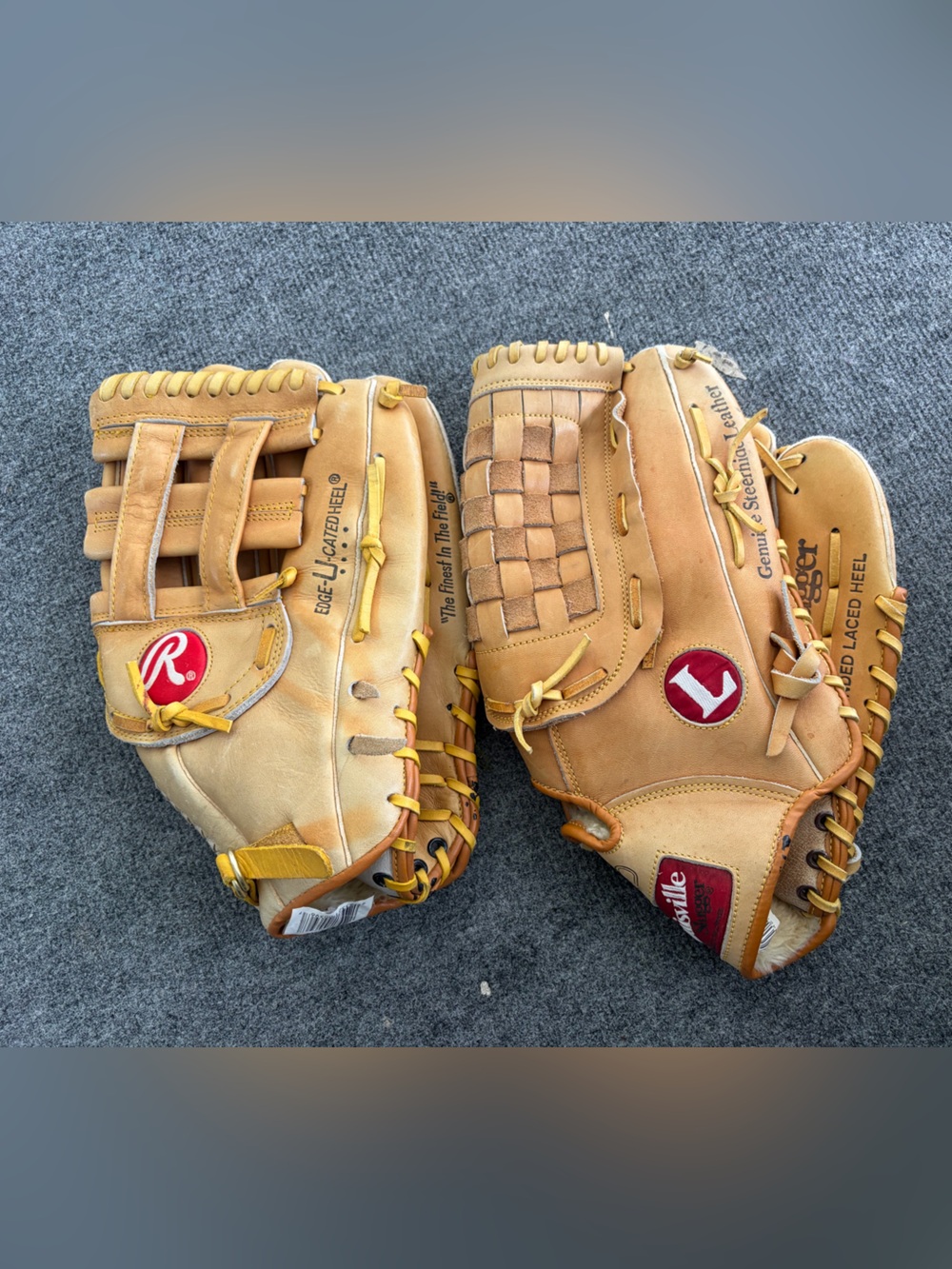 Vtg Rawlings Tan Leather Baseball Gloves with Yellow Laces